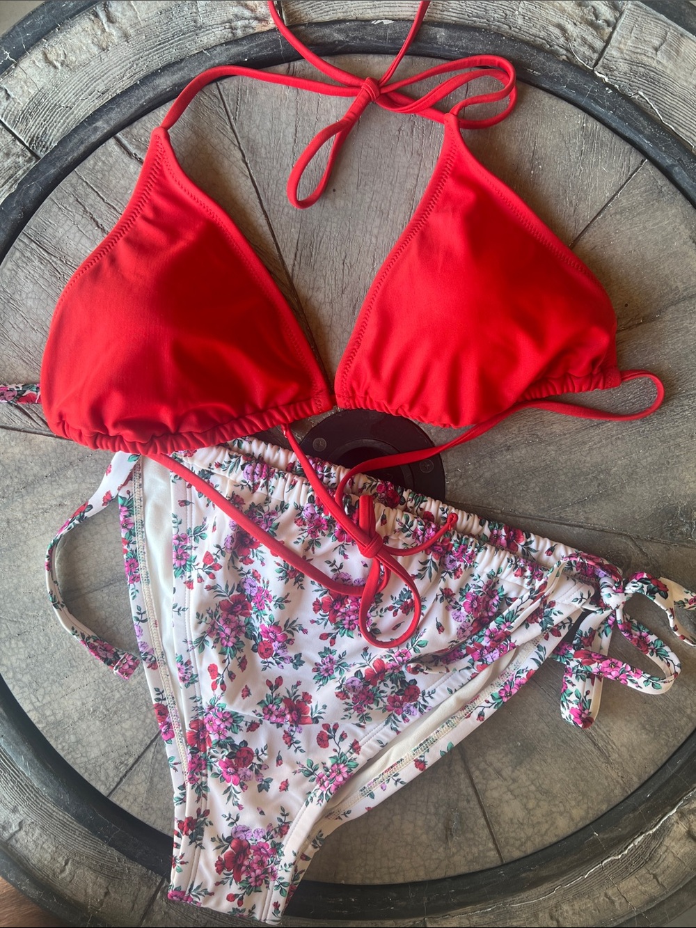 wild fable Red Triangle Bikini Top with White Floral Tie-Side Bottoms B6